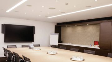 This meeting room at Westfield Sydney uses Philips office lighting controls to help save energy
