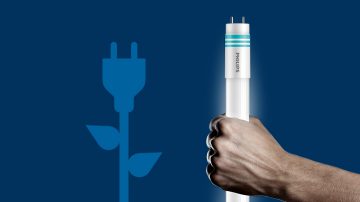 Een mix tussen een bloem en het pictogram van een oplader en een hand die een LED TL buis vasthoudt