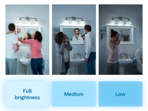 Effets lumineux dans une pièce éclairée au moyen des différents réglages de luminosité des ampoules à DEL SceneSwitch de Philips