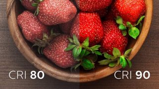 Two images of strawberries with low and high colour rendering