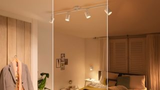 A room split in three different settings, each with their own type of lighting