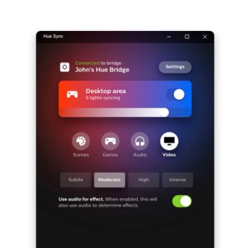 Obrazovka desktopové aplikace Hue Sync