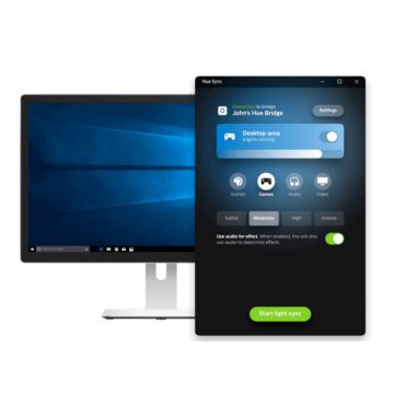 จอภาพที่เปิดหน้าจอและมีแอป Hue Sync สำหรับเดสก์ท็อปวางซ้อนอยู่ซึ่งกำลังแสดงการตั้งค่าการซิงค์