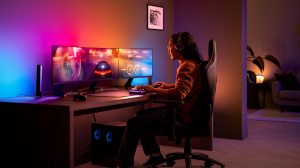 Couple using Amazon Alexa to turn on Philips Hue smart lights