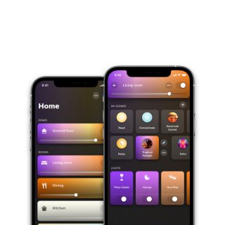 Two smartphones displaying a smart lighting app interface with scene selection buttons, zone controls, and brightness sliders visible.