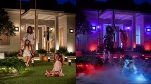 Normal vs uhyggelig udendørsbelysning med Philips Hue