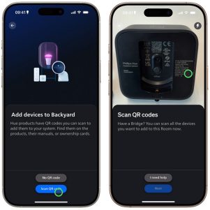 In der Hue App ist der Bildschirm „Geräte hinzufügen” mit einem Hinweis auf die Schaltfläche „QR-Code” scannen zu sehen, in der Hue App ist der Bildschirm QR-Code scannen mit einem Hinweis auf „Weiter” zu sehen