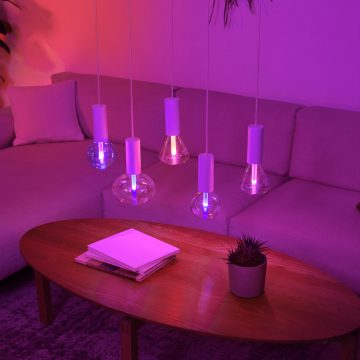 Five Lightguide bulbs hanging above coffee table in purple light