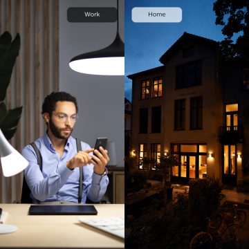 A man on the Hue app on one side of the image and a house on the other