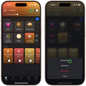 Hue app displaying the Home tab with indicator over three-dots icon, Hue app displaying three-dots menu with indicator over Add devices