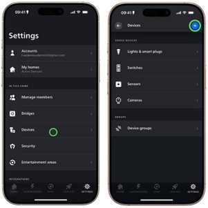 Hue app displaying Settings tab with indicator over Devices, Hue app displaying Devices menu with indicator over blue plus (add) icon