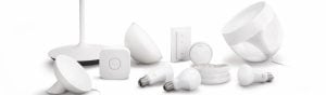 An assortment of Philips Hue smart lighting products