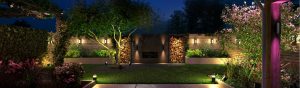 Garden illuminated by Philips Hue outdoor smart lighting