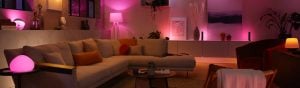 Philips Hue smart lights set to romantic lighting illuminating living room
