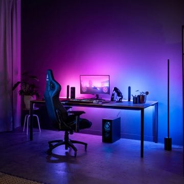 Gaming desk with purple and blue Philips Hue smart lighting