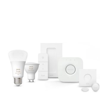 Collection of Philips Hue bulbs, Hue Bridge, and smart spotlight