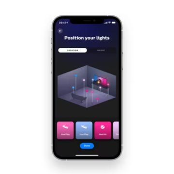 Hue app's virtual room set-up feature on a mobile screen.