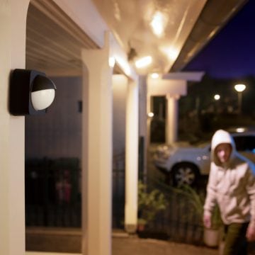 A man approaches a front door lit by two wall lanterns connected to an outdoor motion sensor.