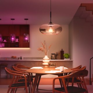 Pendant light fixture with visible bulb hanging above dining table, casting adjustable smart lighting onto the table surface.