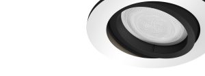 Smart recessed light, round shape, white and black finish, compact design, textured lens, no visible switches or ports.