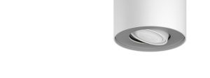 White cylindrical smart spotlight with a matte finish, featuring a round adjustable light source and a compact design.