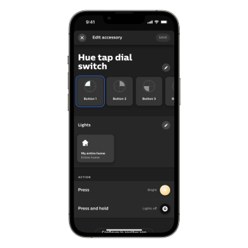 Dispositivo móvil que muestra la pantalla de la aplicación Hue de la configuración del interruptor de iluminación inteligente