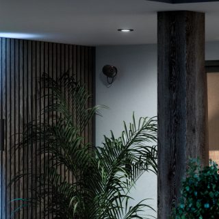 Una cámara de seguridad con cable Hue vigila un espacio exterior iluminado con luz inteligente blanca brillante.