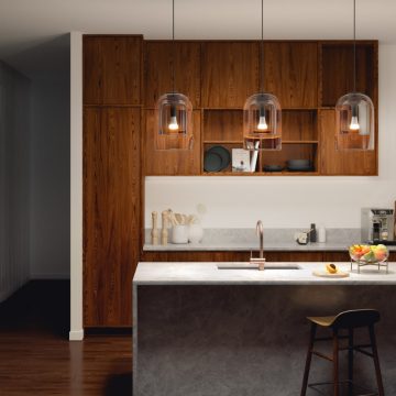 Cocina moderna iluminada con luz de carril
