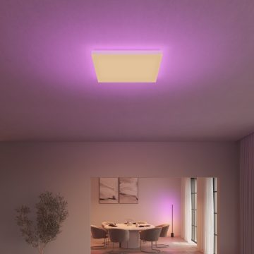 Square LED ceiling panel shining purple light