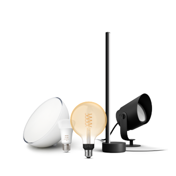 Primer plano de los productos de iluminación inteligente Philips Hue