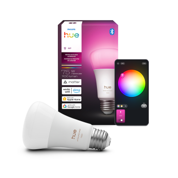 Matter-teknologiaa hyödyntävä Philips Hue -älylamppu pakkauksella ja Hue-sovelluksella.