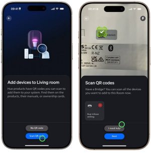 L’application Hue affiche l’écran Ajouter les appareils avec un indicateur au-dessus du bouton Numériser le code QR, l’application Hue affiche l’écran Numériser les codes QR avec un indicateur au-dessus du bouton Suivant.