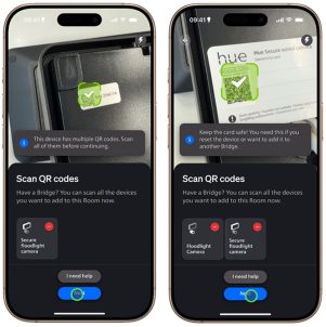 L’application Hue affiche l’écran Numériser les codes QR avec un indicateur au-dessus du bouton Suivant. Une fenêtre contextuelle d’information indique que l’appareil a plusieurs codes QR pour s’assurer que vous numérisez les deux. 