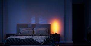 Lit, peinture, plante et rideaux baignés dans une lumière violette élégante dans une chambre