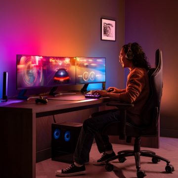 Hue gradient 라이트스트립과 라이트 바를 사용하여 트리플 모니터 설정에서 게임을 하는 게이머.