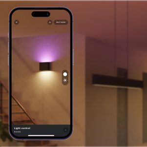 Dymera wandlamp bestuurd via Philips Hue App, die een stijlvolle woonkamer verlicht.