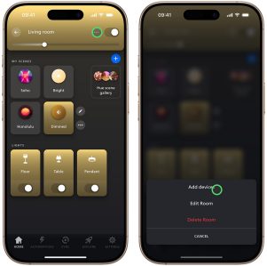 Hue app met het tabblad Home, waarbij de aanwijzer boven het pictogram met drie stippen hangt, Hue app met een menu met drie stippen, waarbij de aanwijzer boven Apparaten toevoegen hangt