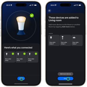 Hue app die weergeeft welke apparaten zijn gescand, waarbij de aanwijzer boven de knop Volgende hangt, Hue app met de bevestiging dat apparaten zijn toegevoegd