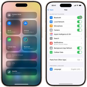 iPhone die het controlecentrum toont, waarbij de aanwijzer boven de knop Bluetooth hangt, iPhone die de instellingen van de Hue app toont, waarbij de aanwijzer boven de schakelaar Bluetooth hangt