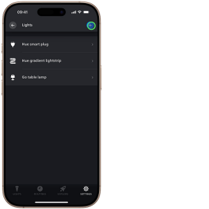 Hue-app toont Lichtscherm voor een Bluetooth-instelling met indicator boven blauw plus (toevoegen) pictogram